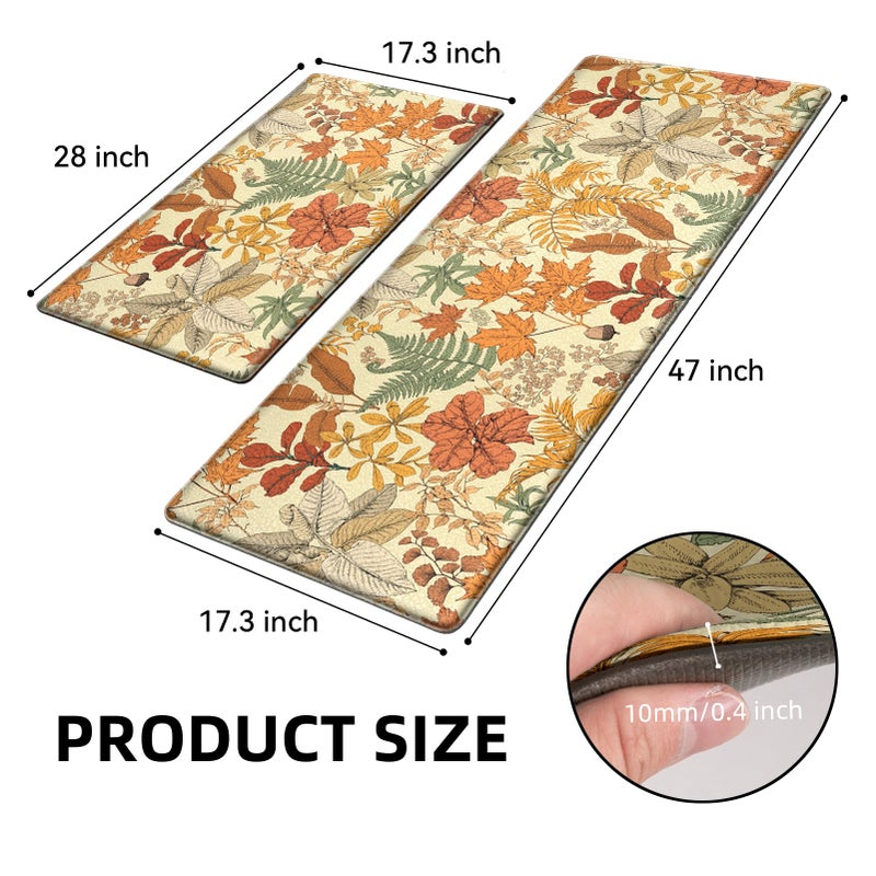 keensoft Orange Brown Botanical Kitchen Rugs Set of 2 Fall Maple Anti-Fatigue Kitchen Mat Natural Comfort Standing Waterproof PVC Mats 2/5" Thick Leather Carpet for Laundry Office Sink(17.3"x28"+ 17.3"x47") - Image 2