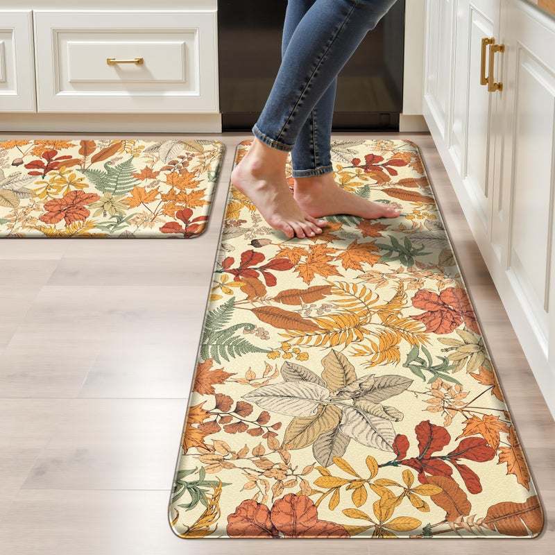 keensoft Orange Brown Botanical Kitchen Rugs Set of 2 Fall Maple Anti-Fatigue Kitchen Mat Natural Comfort Standing Waterproof PVC Mats 2/5" Thick Leather Carpet for Laundry Office Sink(17.3"x28"+ 17.3"x47") - Image 1