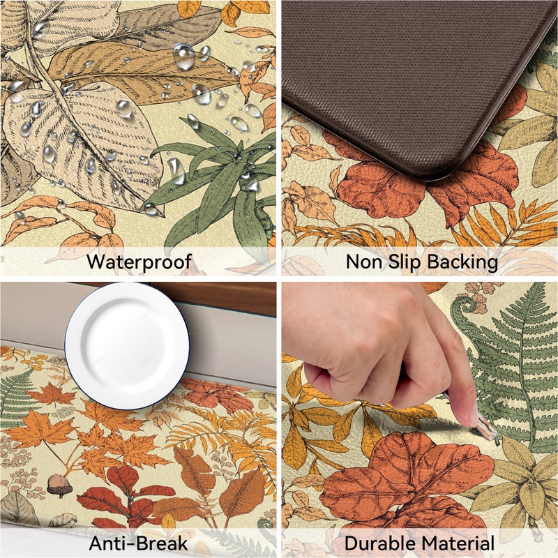 keensoft Orange Brown Botanical Kitchen Rugs Set of 2 Fall Maple Anti-Fatigue Kitchen Mat Natural Comfort Standing Waterproof PVC Mats 2/5" Thick Leather Carpet for Laundry Office Sink(17.3"x28"+ 17.3"x47") - Image 4