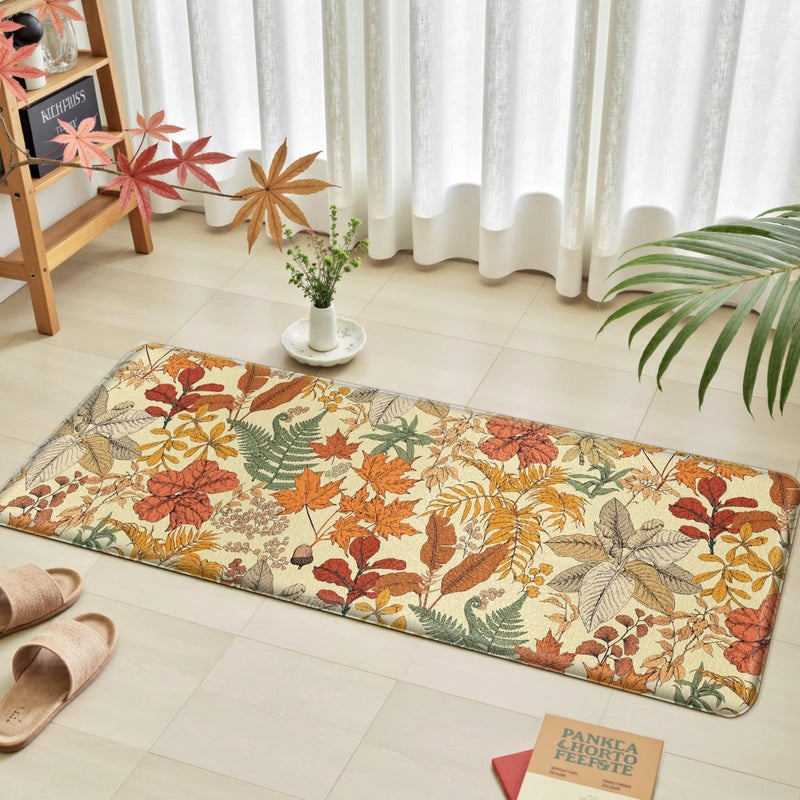 keensoft Orange Brown Botanical Kitchen Rugs Set of 2 Fall Maple Anti-Fatigue Kitchen Mat Natural Comfort Standing Waterproof PVC Mats 2/5" Thick Leather Carpet for Laundry Office Sink(17.3"x28"+ 17.3"x47") - Image 3