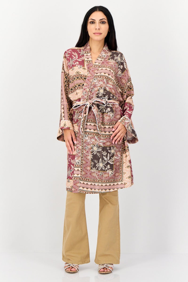 KOTON Women Split Neck Graphic Print Belted Kimono, Multicolor  - Image 4