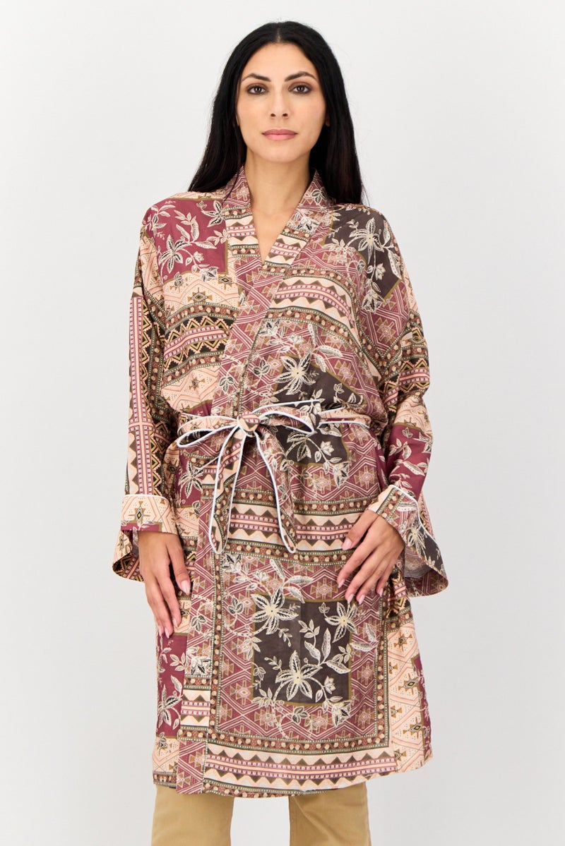 KOTON Women Split Neck Graphic Print Belted Kimono, Multicolor  - Image 1