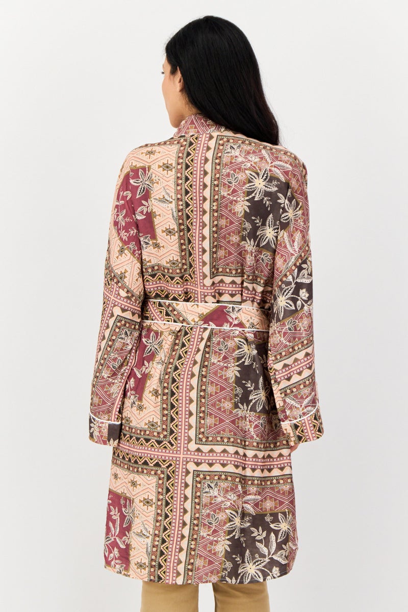 KOTON Women Split Neck Graphic Print Belted Kimono, Multicolor  - Image 3
