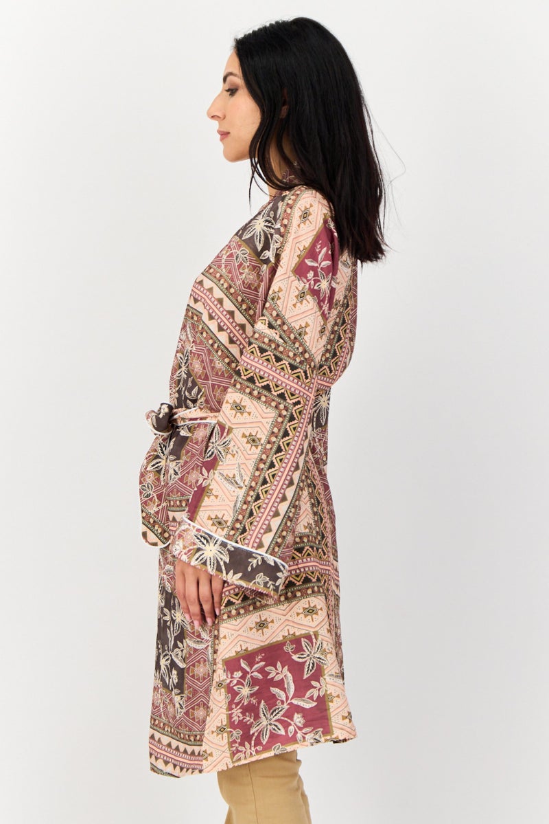 KOTON Women Split Neck Graphic Print Belted Kimono, Multicolor  - Image 2