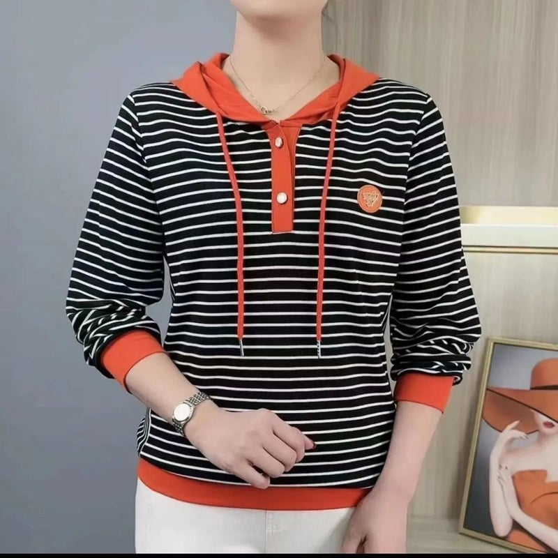 2025 Spring New Fashion Casual Versatile Slimming Striped Hooded Long-Sleeve Top Spring Thin Sweatshirt Spring Outfit - Image 5