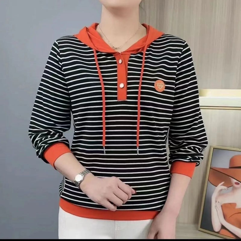 2025 Spring New Fashion Casual Versatile Slimming Striped Hooded Long-Sleeve Top Spring Thin Sweatshirt Spring Outfit - Image 2