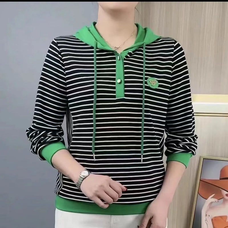 2025 Spring New Fashion Casual Versatile Slimming Striped Hooded Long-Sleeve Top Spring Thin Sweatshirt Spring Outfit - Image 3