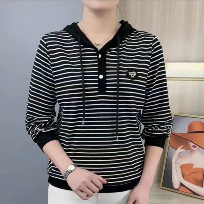 2025 Spring New Fashion Casual Versatile Slimming Striped Hooded Long-Sleeve Top Spring Thin Sweatshirt Spring Outfit - Image 1