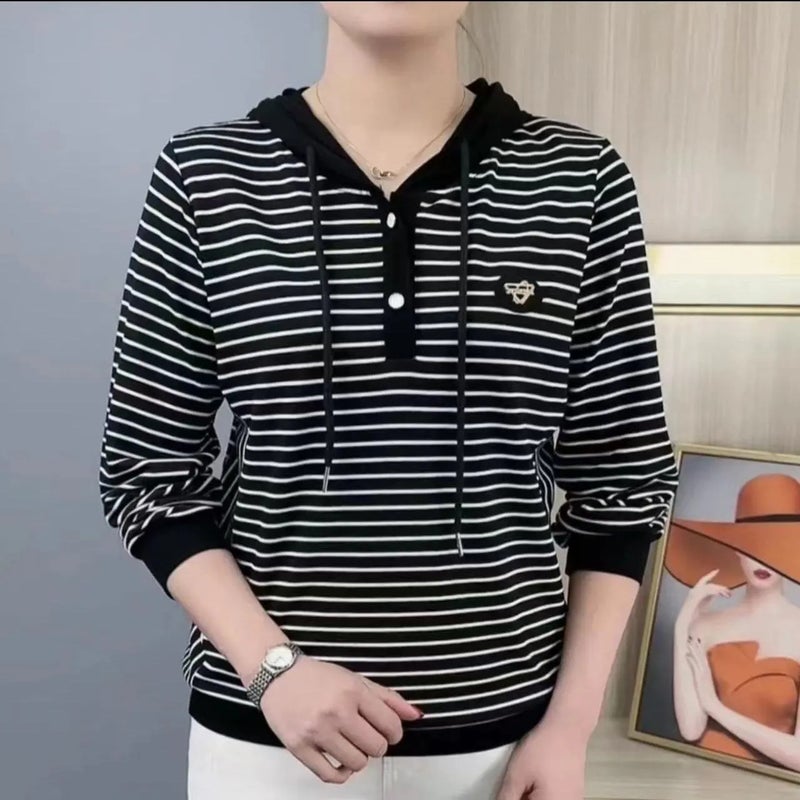 2025 Spring New Fashion Casual Versatile Slimming Striped Hooded Long-Sleeve Top Spring Thin Sweatshirt Spring Outfit - Image 4