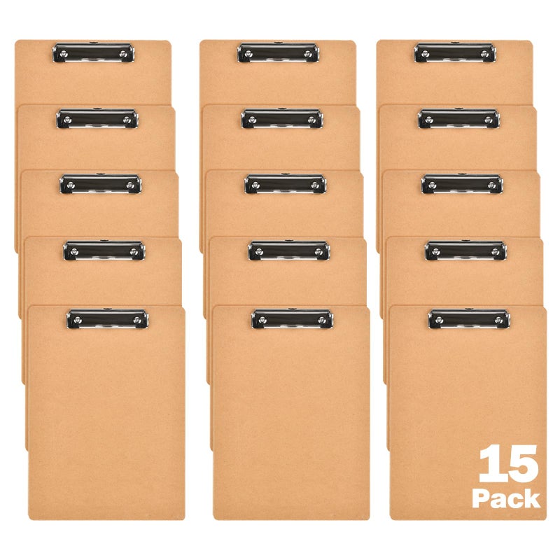 HappyHapi 15 Pack Mini Clipboards 6 x 9 Inches A5 Small Clipboards Wood Hardboard Memo Size Low Profile Clip with Hang Tab for Home Office School Classroom Supplies Brown
