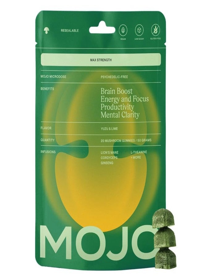 Mojo Extra Strength Focus Gummies with Lion’s Mane, Cordyceps, Ginseng & L-Theanine - Mushroom Gummies Brain Supplement for Adults, Memory/Energy Support, Focus Fuel, Yuzu Lime (1 Pack) - Image 1