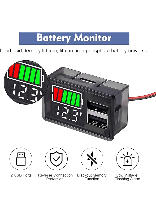 Excefore 2Pcs Battery Capacity Monitor - Indicator Meter, Icstation Dc 8-30V Digital Battery Meter With 2 Usb Ports, Rv Battery Monitor 12V With Power-Off Memory, For Marine, Rv, Golf Cart Motorcycle - Image 2