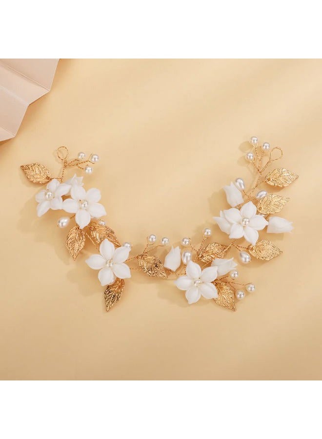 Chargances Bridal White Flower Hair Vine Wedding Pearl and Leaf Headband Dainty Headpiece for Prom Festival Handmade Hair Accessories for Women and Girls (Gold) - Image 1