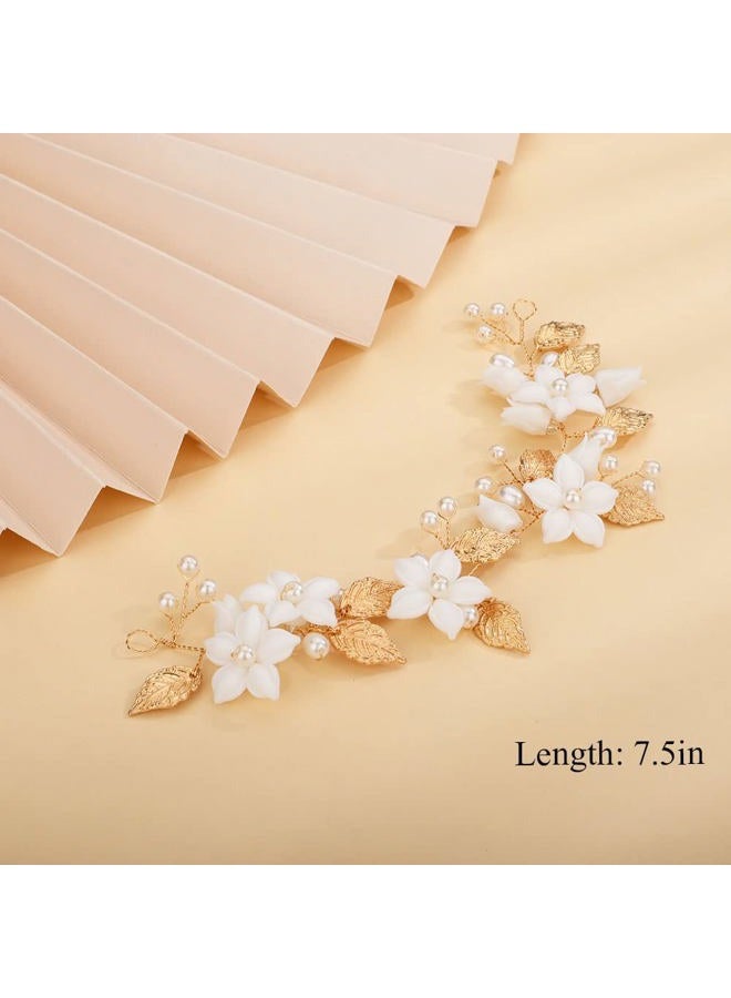 Chargances Bridal White Flower Hair Vine Wedding Pearl and Leaf Headband Dainty Headpiece for Prom Festival Handmade Hair Accessories for Women and Girls (Gold) - Image 3