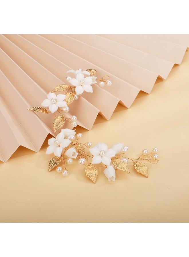 Chargances Bridal White Flower Hair Vine Wedding Pearl and Leaf Headband Dainty Headpiece for Prom Festival Handmade Hair Accessories for Women and Girls (Gold) - Image 4