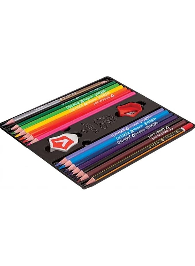 Vertex 12 Color Wood Set Gold Silver With Sharpener & Eraser Triangular Pencil 24 pcs - Multi Color