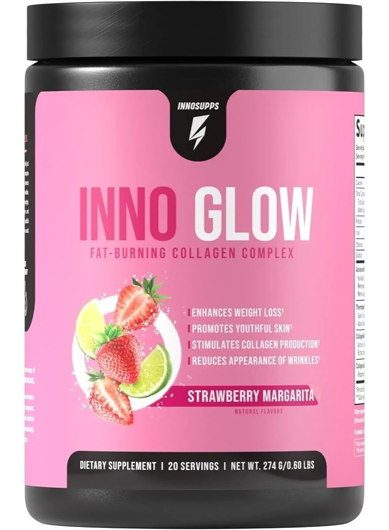 InnoSupps INNO GLOW Fat Burning Collagen Complex | Promotes Youthful Skin | Reduces Wrinkles Appearance | Enhances Weight Loss | Stimulates Collagen Production | Strawberry Margarita | 20 Servings