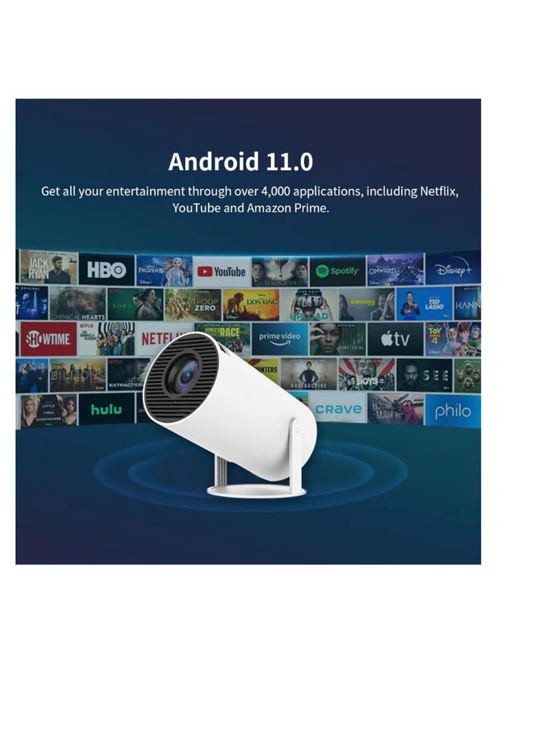جهاز عرض ذكي محمول HY300 – بنظام أندرويد 11، سطوع 220 لومن ANSI، يدعم 4K/1080P، واي فاي 5G، بلوتوث 5.0، ودوران 180 درجة – سينما منزلية محمولة