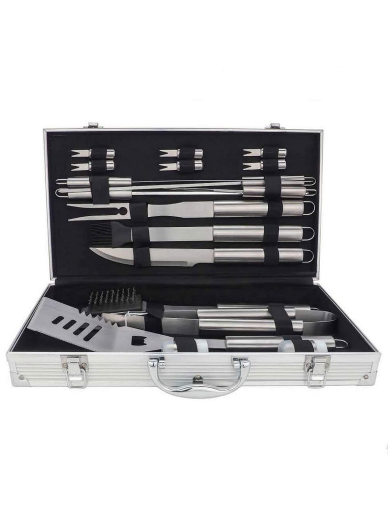 19Pcs BBQ Tools Set Portable Stainless Steel Barbecue Outdoor Indoor Grilling Utensil for Camping Picnic Garden Party with Aluminium Case  - Image 1