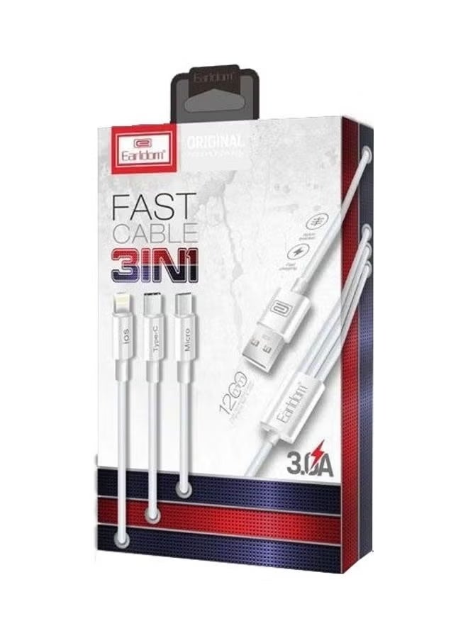 Earldom 3-in-1 Fast Charging Cable – White | Universal USB-C, Lightning & Micro-USB | Durable, Tangle-Free, High-Speed Charging - Image 1