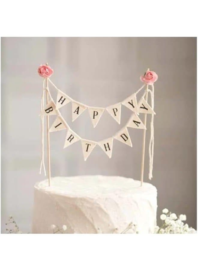 Elegant Handmade Pennant Flags Birthday Cake Topper Ivory with Pink Rose Decoration  - Image 1