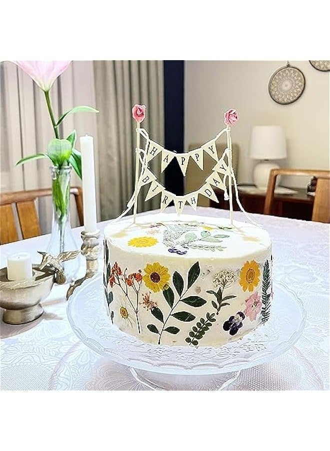 Elegant Handmade Pennant Flags Birthday Cake Topper Ivory with Pink Rose Decoration  - Image 2