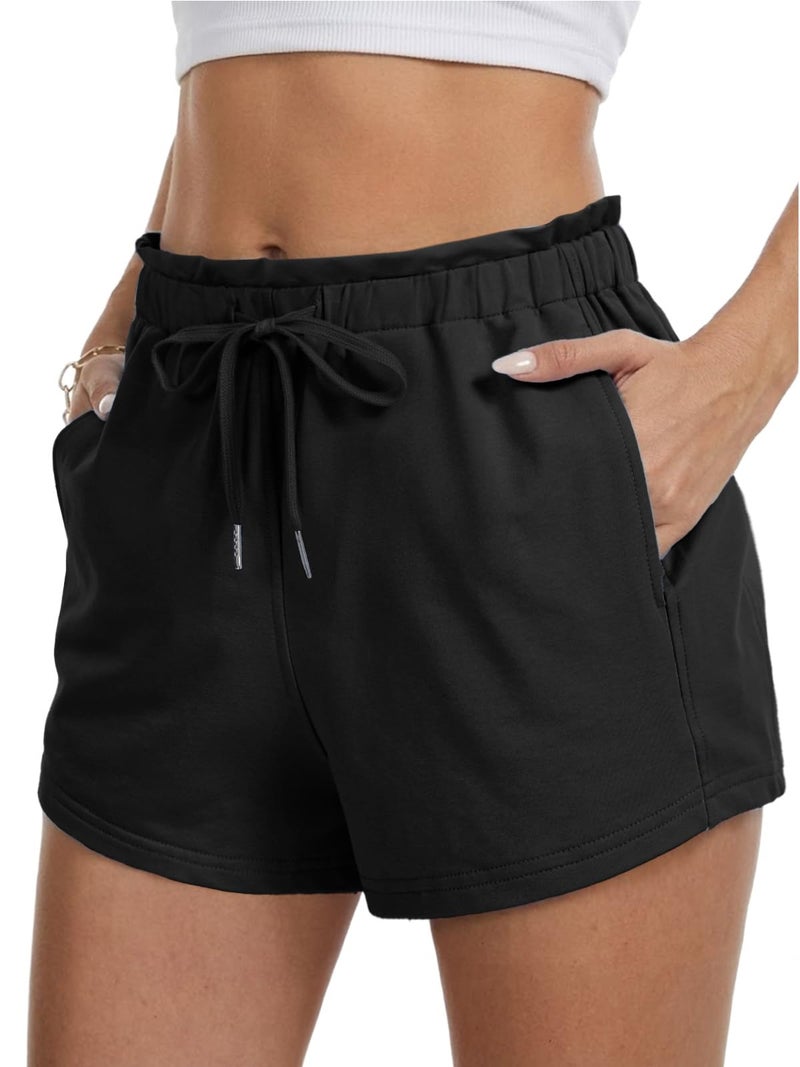 Feiersi Women's Lounge Black Shorts with Pockets Summer Soft Drawstring Athletic Casual Sweat Shorts(Black,Medium) - Image 1