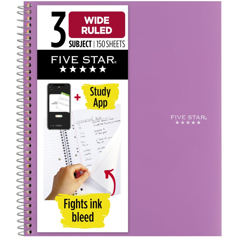 Five Star Spiral Notebook Study App 3 Subject Wide Ruled Paper 8 x 1012 150 Sheets Fights Ink Bleed Water Resistant Cover Amethyst Purple 38737