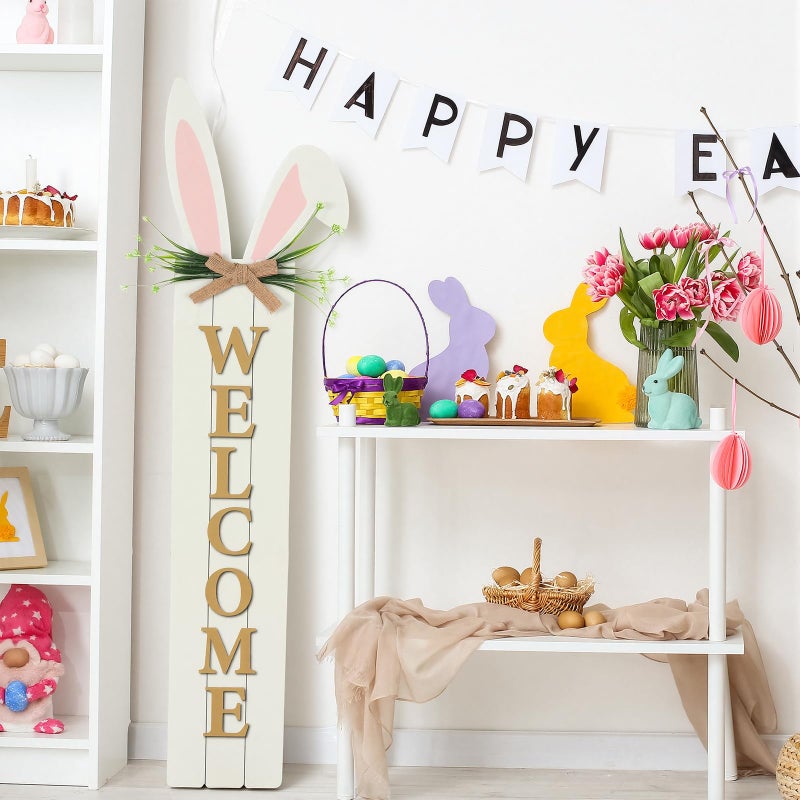 Yousoontic Easter Welcome Porch Sign Decor 47" Easter Bunny Rabbit Wooden Front Door Standing Hanging Sign Bunny Outdoor Porch Decorations for Home Front Door Yard Garden Spring Party Decor - Image 5