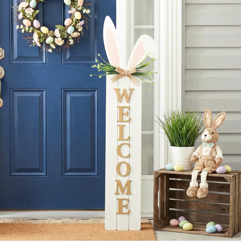 Yousoontic Easter Welcome Porch Sign Decor 47" Easter Bunny Rabbit Wooden Front Door Standing Hanging Sign Bunny Outdoor Porch Decorations for Home Front Door Yard Garden Spring Party Decor - Image 4
