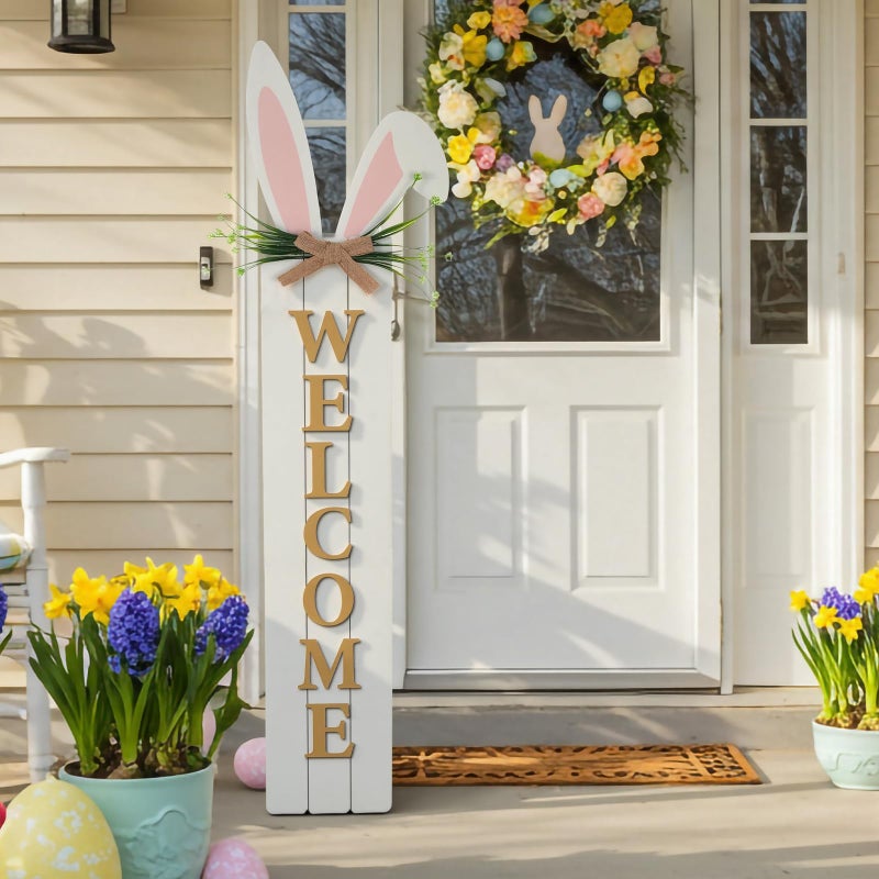 Yousoontic Easter Welcome Porch Sign Decor 47" Easter Bunny Rabbit Wooden Front Door Standing Hanging Sign Bunny Outdoor Porch Decorations for Home Front Door Yard Garden Spring Party Decor - Image 1