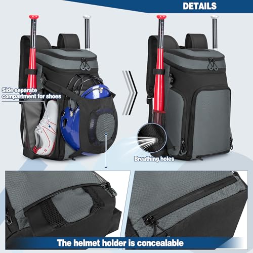 Smasrob Baseball Bag for Adult and Youth, Baseball Backpack Softball Bag with Helmet Holder, Shoe Compartment and Fence Hook, Gray - Image 2