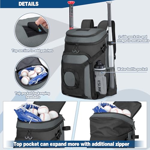 Smasrob Baseball Bag for Adult and Youth, Baseball Backpack Softball Bag with Helmet Holder, Shoe Compartment and Fence Hook, Gray - Image 4