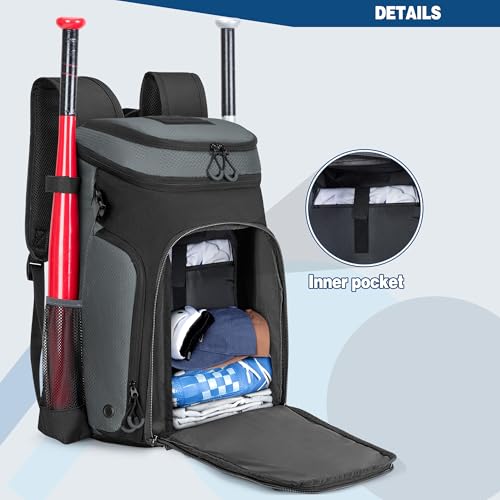 Smasrob Baseball Bag for Adult and Youth, Baseball Backpack Softball Bag with Helmet Holder, Shoe Compartment and Fence Hook, Gray - Image 3