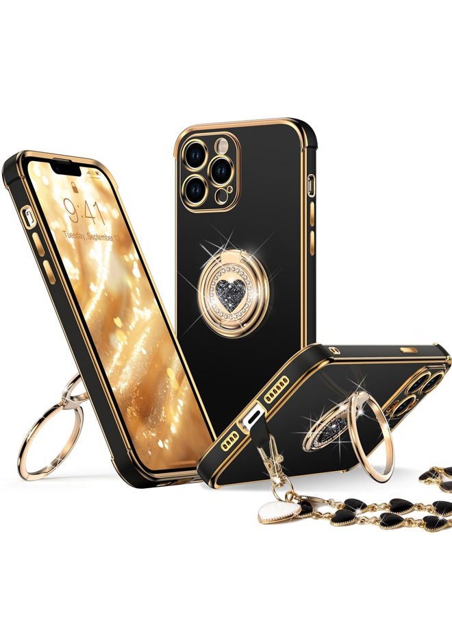 XYZ for iPhone 12 Pro Max Case with Stand, Phone Case with Double Ring Kickstand, Women Girls Bling Luxury Protective Case Heart for iPhone 12 Pro Max, Black - Image 1