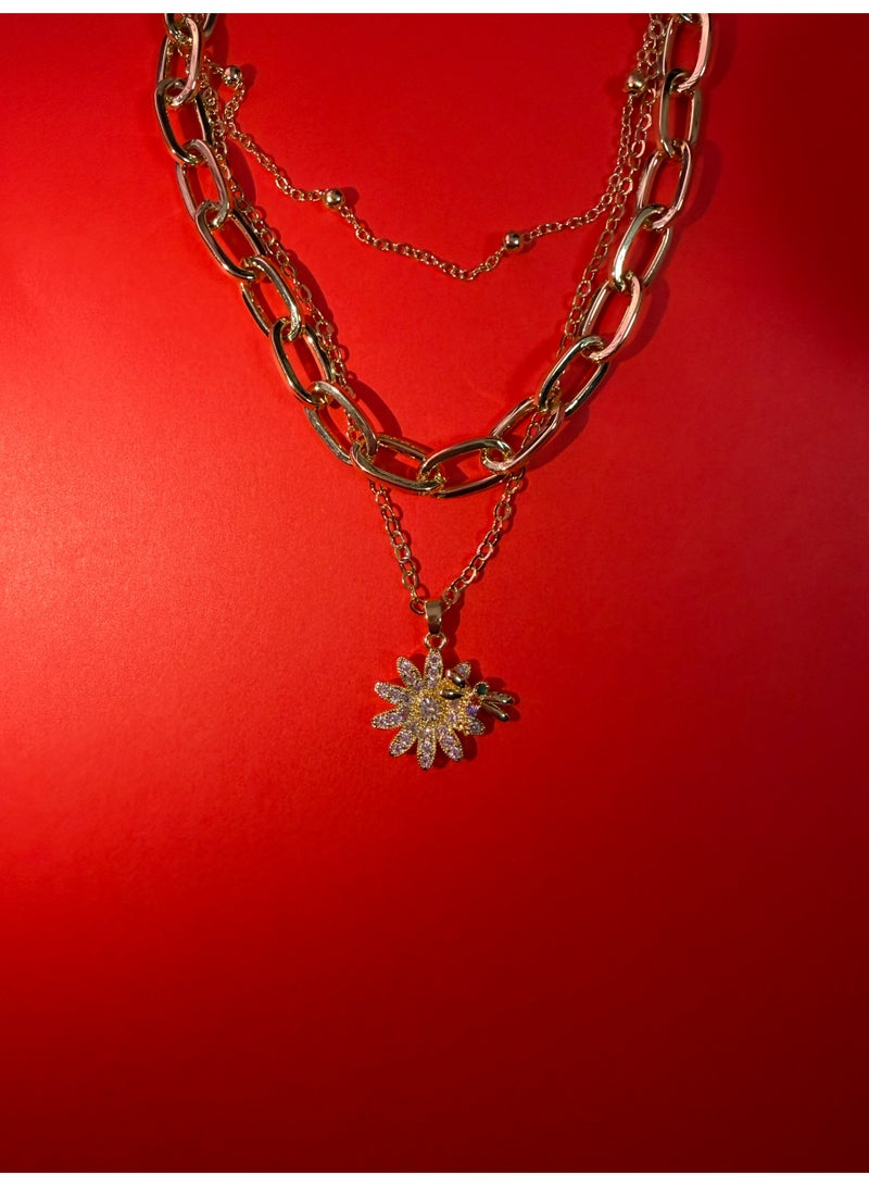Three-Layered Daisy & Bee Pave Necklace - Image 2