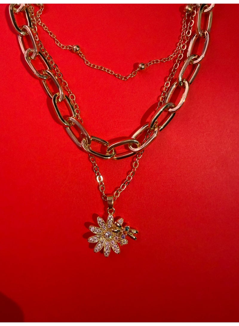 Three-Layered Daisy & Bee Pave Necklace - Image 1
