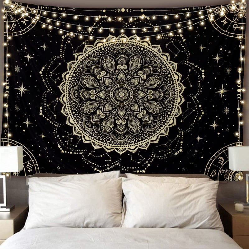FLY SPRAY Black Golden Mandala Tapestry Astrology Space Wall Hanging Tapestries Wall tapestrys Large Aesthetic Hippie Decor Bohemian Art Boho Home Talestry for Bedroom,Living Room,Ceiling - Image 1