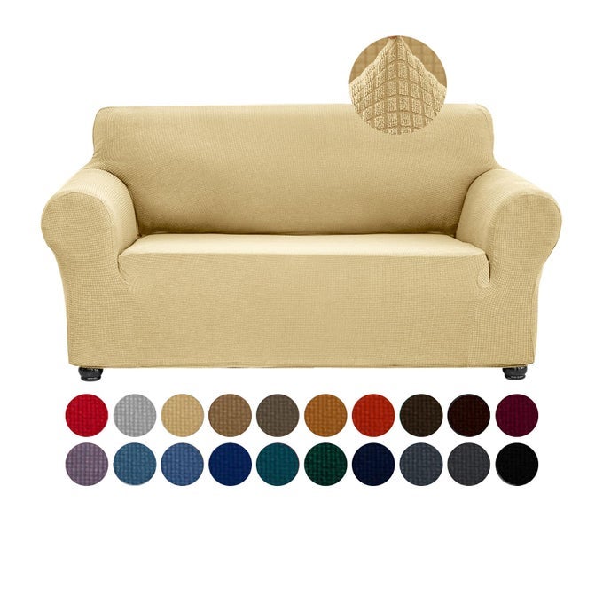 STRETCH SOFA COVER FOR 2 CUSHION COUCH WATER REPELLENT SLIPCOVER PROTECTOR WASHABLE POLYESTER SPANDEX FURNITURE COVER FOR LIVING ROOM PETS CHAMPAGNE