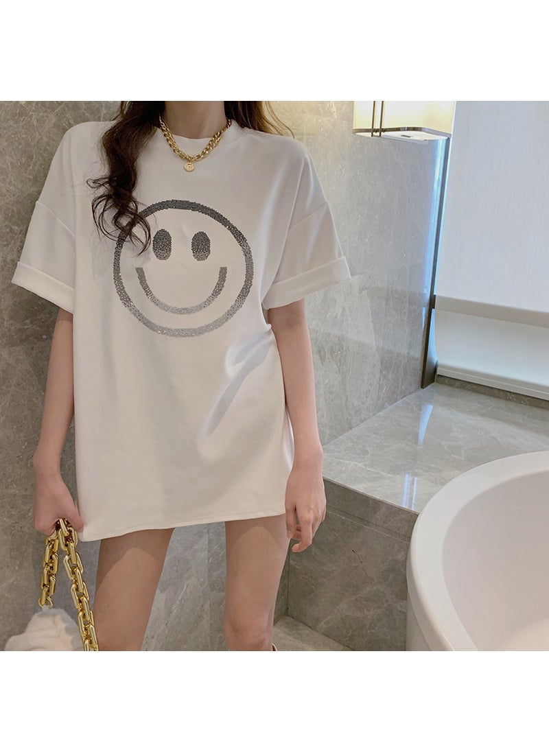 Generic - Smiley Face Printed Loose Fit Short Sleeve T-Shirt Womens Spring Summer New Casual Base Layer Round Neck Top Decorated With Flo Smiley black - Image 1