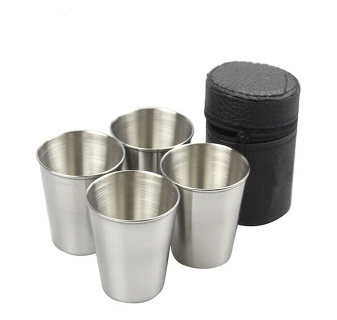 SET OF 4 STAINLESS STEEL SHOT CUPS DRINKING VESSEL WITH BLACK LEATHER CARRYING CASE 70ML
