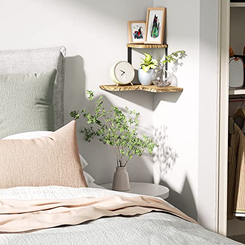 SRIWATANA Rustic Corner Shelf, 2-Tier Wood Wall Shelf, Wall Mounted Storage Shelves for Bedroom, Living Room, Bathroom, Carbonized Black - Image 2