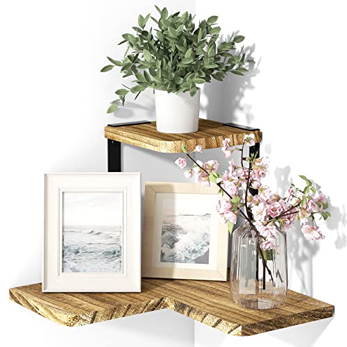 SRIWATANA Rustic Corner Shelf, 2-Tier Wood Wall Shelf, Wall Mounted Storage Shelves for Bedroom, Living Room, Bathroom, Carbonized Black - Image 1