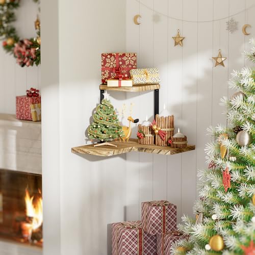 SRIWATANA Rustic Corner Shelf, 2-Tier Wood Wall Shelf, Wall Mounted Storage Shelves for Bedroom, Living Room, Bathroom, Carbonized Black - Image 5