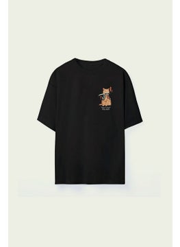 The Wert Men's Samurai Cat Printed Black Oversize T-shirt  - Image 1