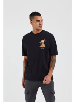 The Wert Men's Samurai Cat Printed Black Oversize T-shirt  - Image 3