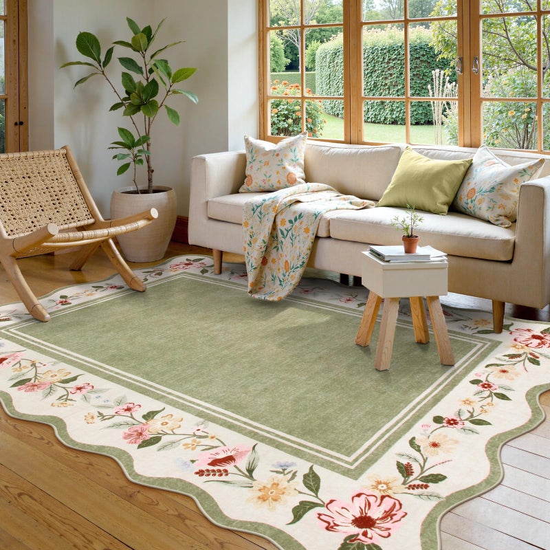 La Home Lahome Floral Scalloped Rug 5x7 Green Rugs for Living Room UltraThin Vintage Boho Washable Area Rug 5x7 Soft Bedroom Rugs NonSlip Throw Carpet for Farmhouse Dining Room Playroom Ariele - Image 2