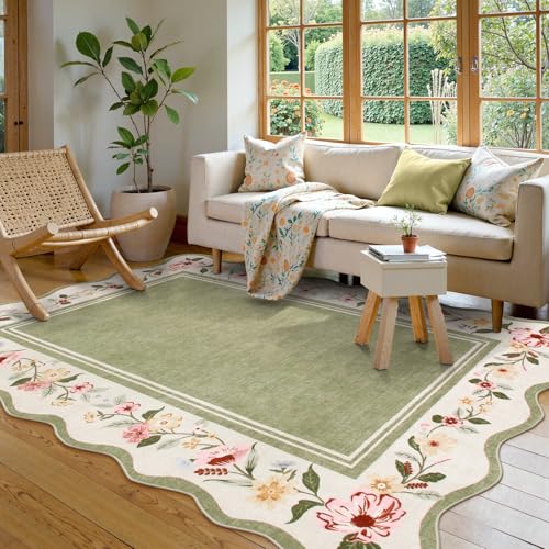 La Home Lahome Floral Scalloped Rug 5x7 Green Rugs for Living Room UltraThin Vintage Boho Washable Area Rug 5x7 Soft Bedroom Rugs NonSlip Throw Carpet for Farmhouse Dining Room Playroom Ariele - Image 1