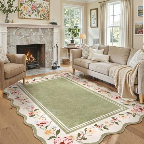 La Home Lahome Floral Scalloped Rug 5x7 Green Rugs for Living Room UltraThin Vintage Boho Washable Area Rug 5x7 Soft Bedroom Rugs NonSlip Throw Carpet for Farmhouse Dining Room Playroom Ariele - Image 3