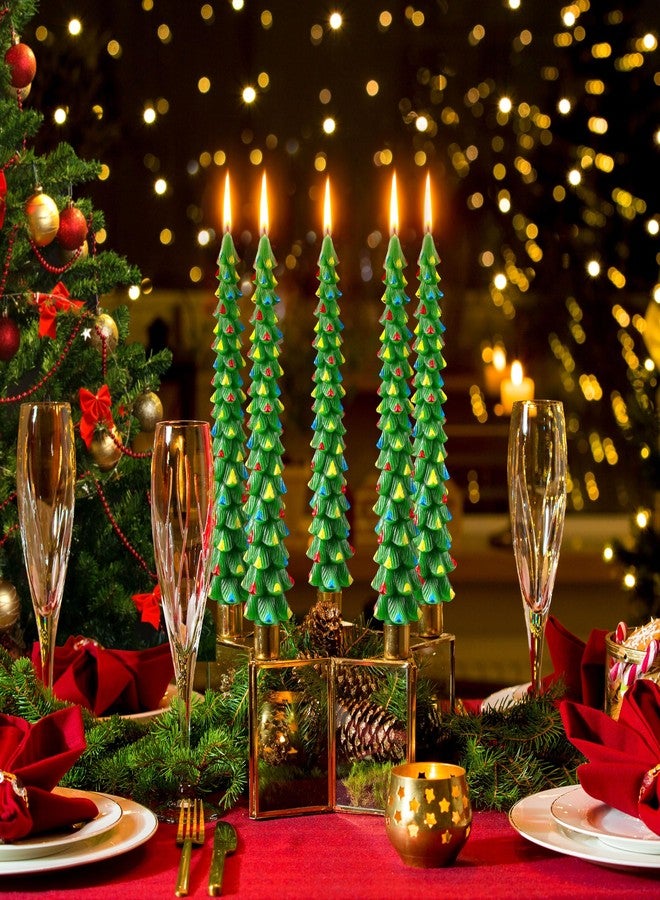 Ceoighe 4 Pack 10 Inch Christmas Tree Candles, Premium Natural Unscented Beeswax Christmas Tree Shaped Taper Candles with Cotton Wick, for Xmas Holiday Decor Party Banquet (Green with Multicolor Trim) - Image 3